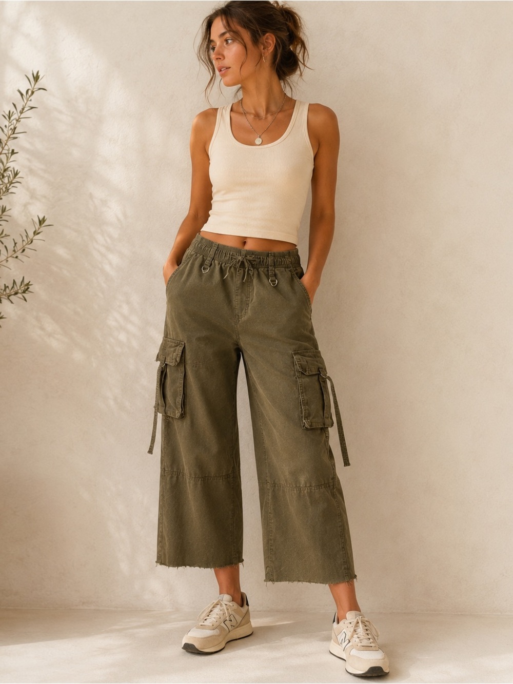 SO Womens S Olive Cargo Pants Wide Leg Utility Parachute Y2K Raw Hem